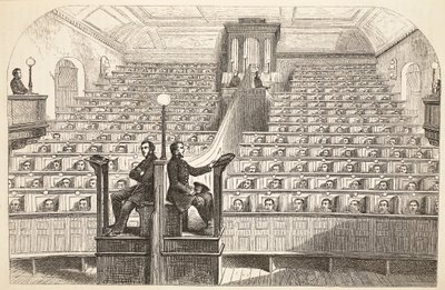 La capilla, en el sistema separado, en la prisión de Pentonville, durante el servicio divino, ilustración de Las prisiones criminales de Londres y escenas de la vida en prisión de Henry Mayhew y John Binny, pub. 1862 de English School
