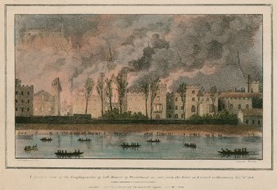 El incendio de ambas Cámaras del Parlamento visto desde el río a las 8 de la noche de English School