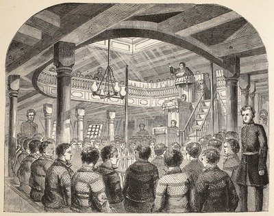 La capilla de convictos a bordo del casco de la Defensa en Woolwich, ilustración de Las prisiones criminales de Londres y escenas de la vida en prisión de Henry Mayhew y John Binny, pub. 1862 de English School