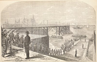 Los convictos regresando a los cascos desde su trabajo en el Arsenal, ilustración de Las prisiones criminales de Londres y escenas de la vida en prisión de Henry Mayhew y John Binny, pub. 1862 de English School