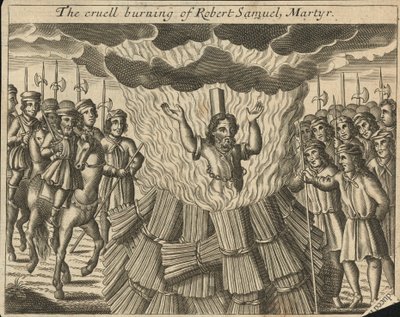 La cruel quema de Robert Samuel, mártir (grabado) de English School