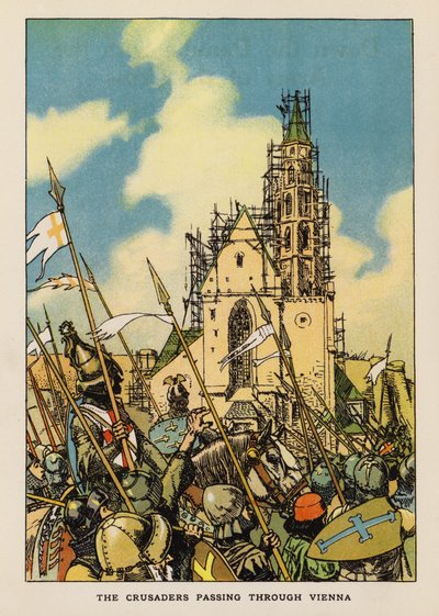 Los cruzados a su paso por Viena (litografía en color) de English School