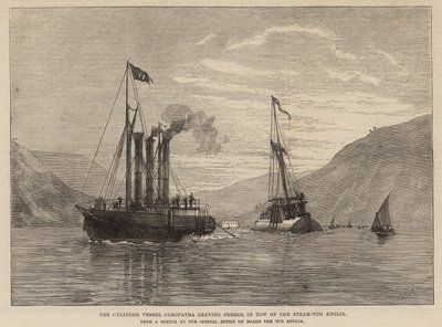 El buque cilindro Cleopatra saliendo de Ferrol remolcado por el remolcador Anglia de English School