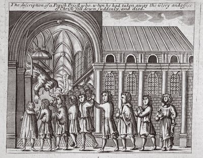 La descripción del sacerdote papista que, cuando quitó la gloria y el oficio de Cristo, cayó repentinamente y murió, ilustración de Hechos y Monumentos de John Foxe, novena edición de English School