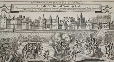 La descripción del Castillo de Windsor, ilustración de Hechos y Monumentos de John Foxe, novena edición, pub. 1684 de English School