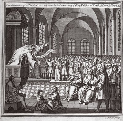 Descripción de un sacerdote papista, quien al quitar la Gloria y el oficio de Cristo, cayó repentinamente y murió, ilustración de Mártires de Fox c.1703 de English School