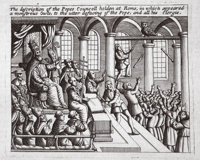 La descripción del Concilio del Papa celebrado en Roma, en el que apareció un búho monstruoso, para la completa desfiguración del Papa y todo su clero, ilustración de Hechos y Monumentos de John Foxe, novena edición de English School