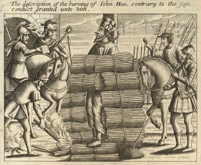 Descripción de la quema de Juan Hus, contraria al salvoconducto que se le concedió (grabado) de English School