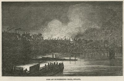 La destrucción por fuego de Hungerford Hall, Strand, Londres de English School