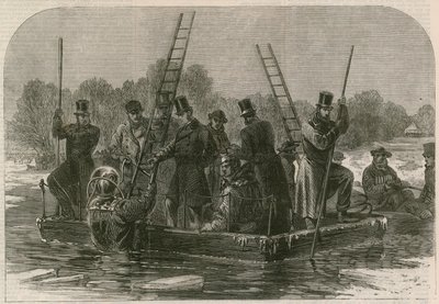 El desastre en el hielo en Regents Park; Buzos buscando a los muertos de English School