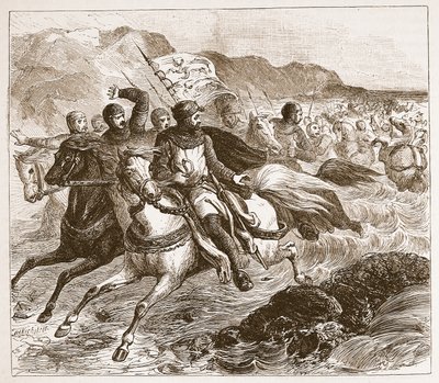 El desastre del ejército de Juan en el Wash, ilustración de Cassells Illustrated History of England de English School