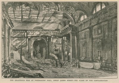 El desastroso incendio en Freemasons Hall, Great Queen Street, Londres de English School
