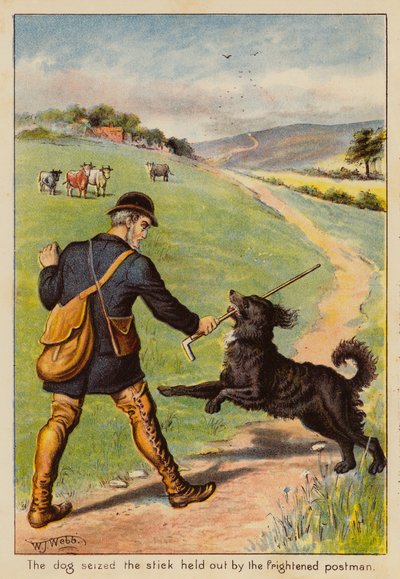 El perro agarró el palo que le tendía el cartero asustado (litografía en color) de English School