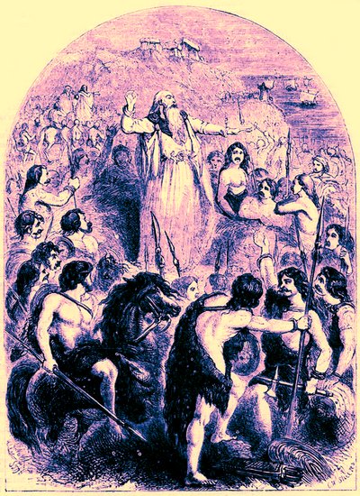 Los druidas incitan a los britanos a oponerse al desembarco de los romanos, ilustración de Cassells Illustrated Universal History de Edward Ollier, publicado en 1890 de English School