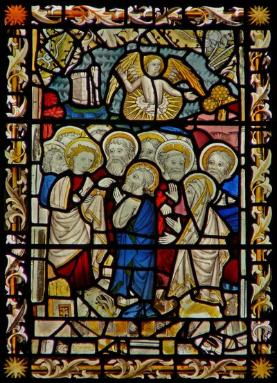 La ventana este que representa a los Apóstoles reunidos (¿para el Funeral de la Virgen?) María - los Apóstoles se reúnen para asistir de English School