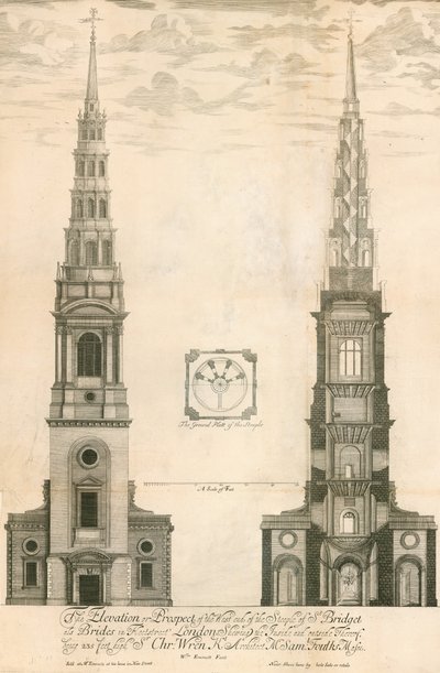 La elevación y perspectiva del extremo oeste del campanario de la iglesia de St Brides en Fleet Street, Londres de English School