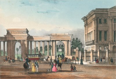 La entrada a Hyde Park desde Piccadilly con el ala oeste de Apsley House de English School