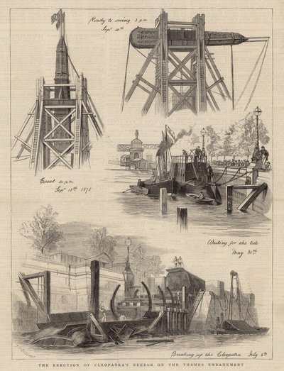 La erección de la Aguja de Cleopatra en el Thames Embankment de English School
