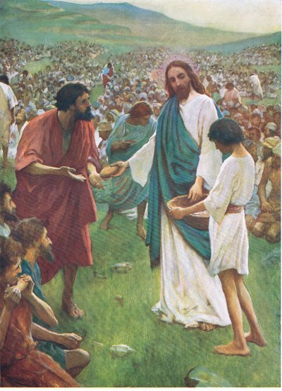 La alimentación de los cinco mil, de The Bible Picture Book publicado por Thomas Nelson, c.1950 (litografía en color) de English School