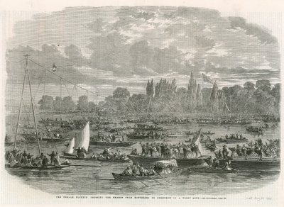 La Blondin femenina cruzando el Támesis desde Battersea hasta Cremorne en una cuerda floja de English School