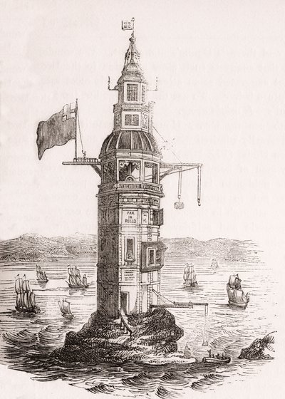 El primer faro erigido en Eddystone Rocks, Plymouth, Devon, Inglaterra. de English School