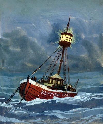 El primer barco faro colocado cerca del banco de arena Nore en 1732 de English School