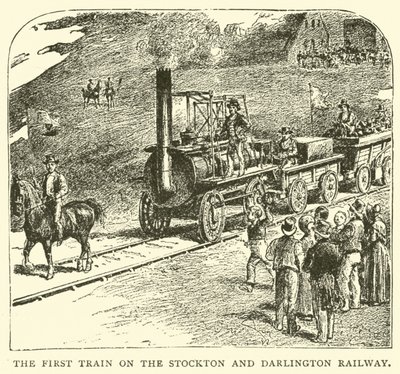 El primer tren en el Ferrocarril de Stockton y Darlington de English School