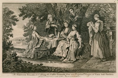 La adivina leyendo los posos del café de una pintura original en los Jardines de Vauxhall, Londres de English School