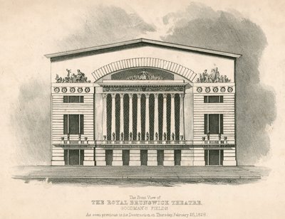 Vista frontal del Teatro Royal Brunswick, Goodmans Fields, Londres de English School