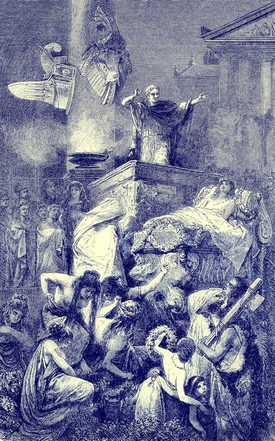 La oración fúnebre sobre un héroe romano, ilustración de The Illustrated History of the World, publicado c.1880 de English School