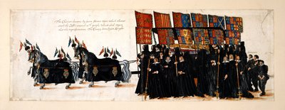 La procesión fúnebre de la reina Isabel I a la Abadía de Westminster, el 28 de abril de 1603. El carro es tirado por cuatro caballos. El ataúd está cubierto de terciopelo morado sobre el que descansa una efigie de la Reina. Nace el dosel por seis caballero de English School