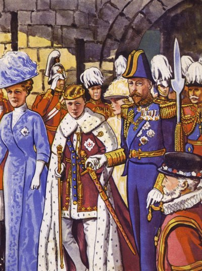 El futuro Rey Eduardo VIII investido como Príncipe de Gales (litografía en color) de English School