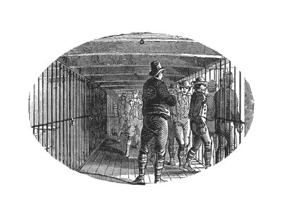 La galería - jaulas bajo cubierta donde los prisioneros fueron confinados antes de ser transportados a Australia, ilustrado en Los Mártires de Tolpuddle, publicado por el Congreso de Sindicatos, 1934 de English School