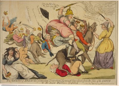 El genio de Francia extirpando el despotismo, la tiranía y la opresión de la faz de la tierra, o los guerreros reales derrotados, 1792 (grabado a mano coloreado) de English School