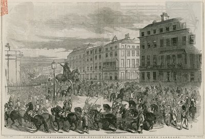 La gran procesión de la estatua de Wellington girando por Park Lane de English School