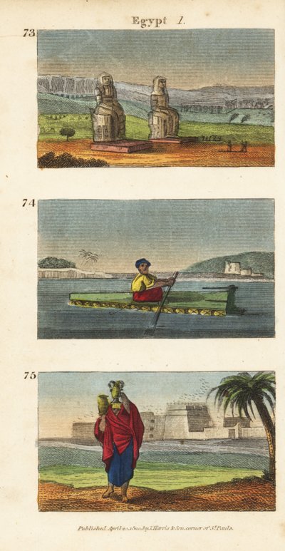 Las grandes ruinas de los Colosos de Memnón en Luxor en el sur de Egipto, balsa de jarras de barro en el Nilo, y mujeres llevando jarras de agua en sus cabezas de English School