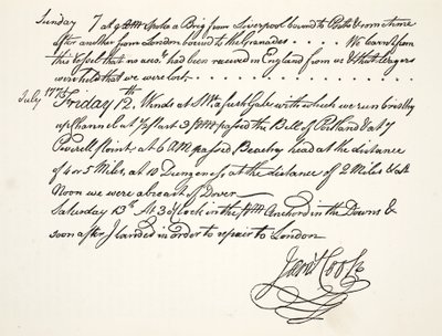La caligrafía de James Cook, julio 1771 de English School