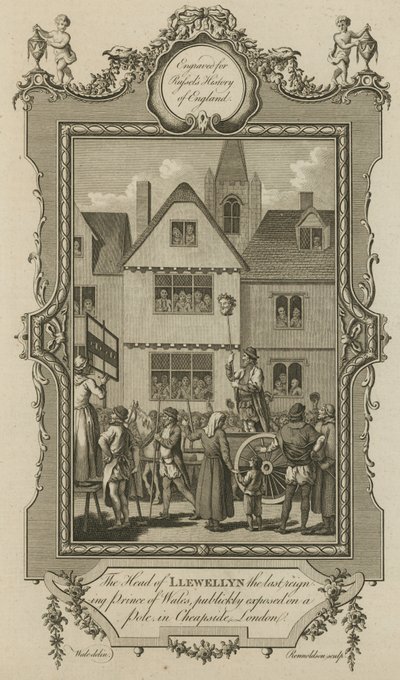 La cabeza de Llewellyn, el último Príncipe de Gales reinante, expuesta públicamente en un poste en Cheapside, Londres de English School