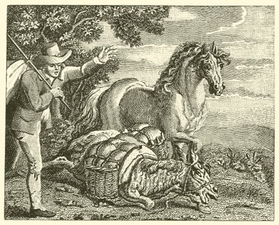 El caballo y el asno cargado (grabado) de English School