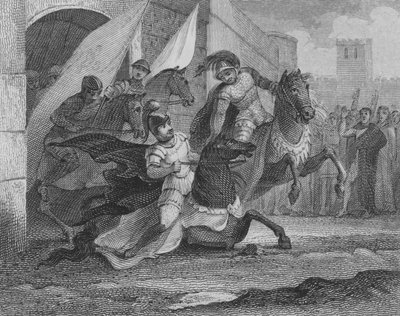 El caballo de Alboin, Rey de los Lombardos, cayendo al entrar en la ciudad de Pavía, 572 de English School