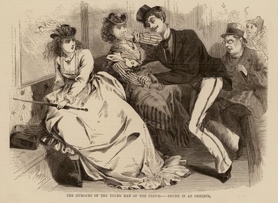 Los humores del joven de la época, borracho en un ómnibus (grabado) de English School