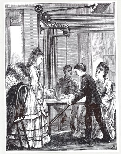 Los instrumentos para enviar mensajes en la Sede de Telégrafos de la Oficina de Correos, Telegraph Street, Londres, de The Graphic, 1871 de English School