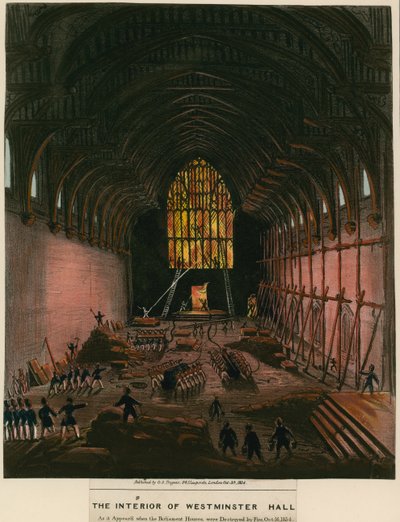 El interior del Westminster Hall como apareció cuando las Cámaras del Parlamento fueron destruidas por el fuego de English School