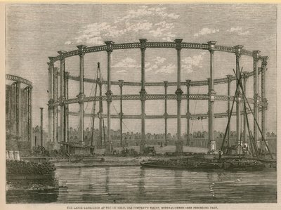 El gran gasómetro en las obras de la Imperial Gas Company, Bethnal Green, Londres de English School