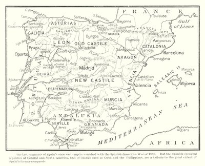 Los últimos vestigios del otrora vasto imperio español desaparecieron con la guerra hispano-estadounidense de 1898 (lito) de English School
