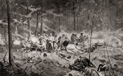La última batalla del comandante Allan Wilson en el río Shangani, Matabeleland, durante la Primera Guerra Matabele en 1893, según la pintura de Allan Stewart, de "South Africa and the Transvaal War: Vol. 1" de Louis Creswicke, publicado en 1900 (litografía de English School