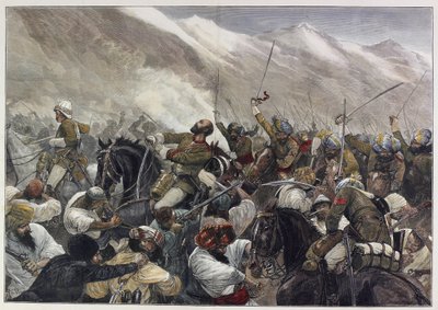 La última guerra afgana: Muerte del Mayor Wigram Battye en la batalla de Futtehabad el 30 de abril (grabado en color) de English School