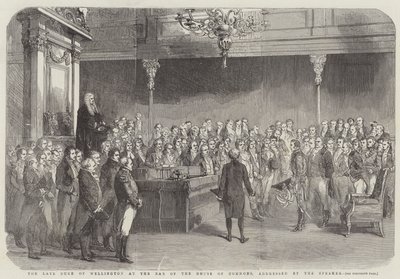 El difunto Duque de Wellington en el Bar de la Cámara de los Comunes, dirigido por el Presidente (grabado) de English School