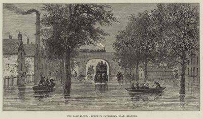 Las recientes inundaciones, escena en Caversham Road, Reading de English School