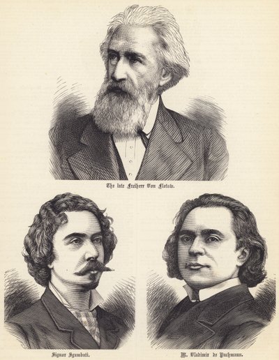 El difunto Freiherr Von Flotow, Signor Sgambati, M Vladimir de Pachmann (grabado) de English School